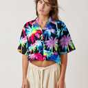 Cropped Hawaiian Shirts for Women Hawaii Tropical Button Down Tops Floral Tropic Print Summer Beach Outfits (S)