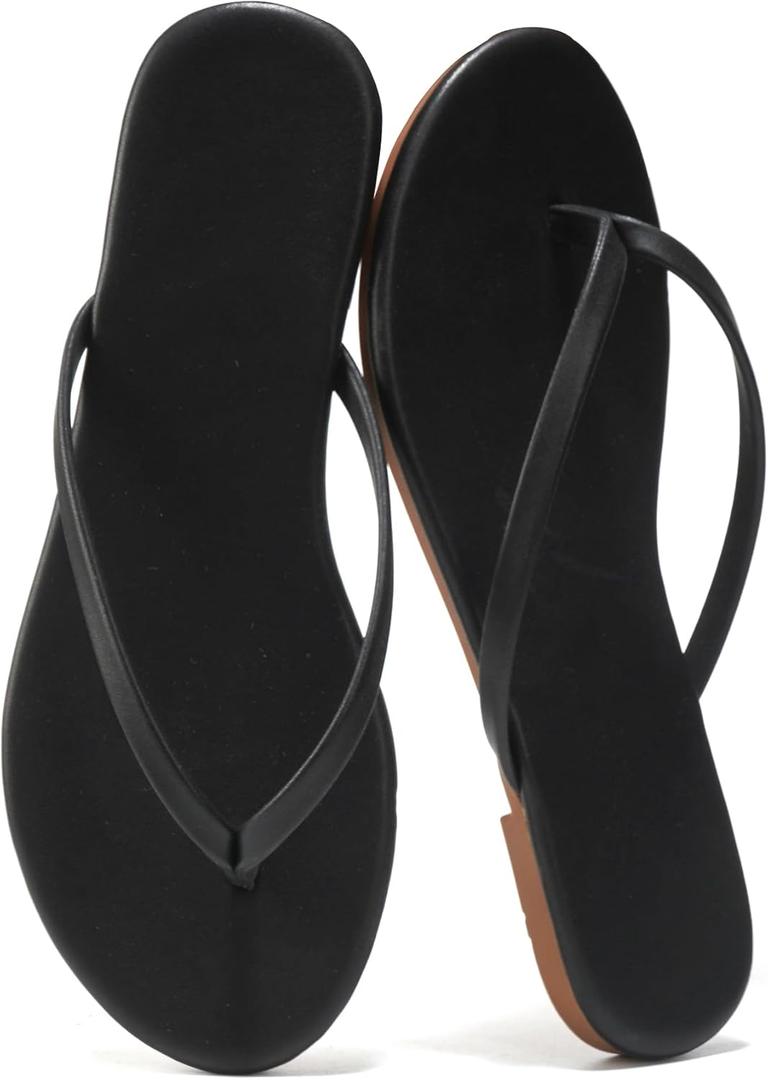 Flip Flops Sandals for Women, Summer Fashion Leather Slippers, Lightweight Comfortable Beach Sandals Slip On Flat Dressy Size 6-10 (Black)