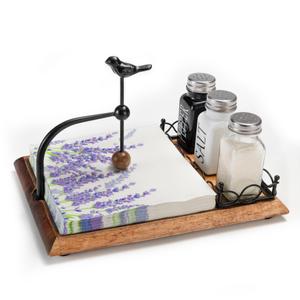 4-Piece Napkin Holder for Table with Salt and Pepper Shakers, Acacia Wood Base & Bird-shaped Weighted Arm, Includes 3 Glass Spice Jars and Sturdy Napkin Stand for Kitchen, Restaurant, Party, Dining