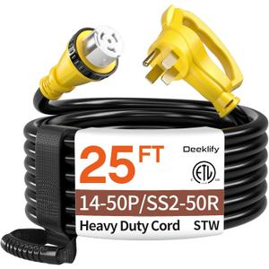 25FT 50 Amp Generator Cord, NEMA 14-50P/SS2-50R Heavy-Duty 4 Conductors Cable, Pure Copper STW RV Extension Cord, Female Plug with Twist Lock, Suitable for RV or Camper, ETL Listed