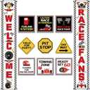 Race Car Birthday Party Banner Checkered Flags 9 Cars Party Signs for Car Birthday Party Decoration Set Racing Fans Welcome Porch Sign for Boys Let's Go Racing Party Supplies for Kids Race Fans