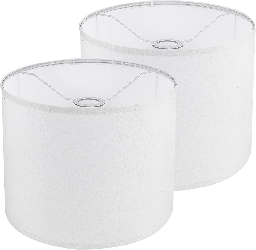 White Lamp Shades Set of 2, Drum Lampshades 13" Top x 13" Bottom x 10" High (Spider), Replacement Lamp Shades Natural Linen Hand Crafted for Table Lamps Floor Lamps Pendent Light, Assembly Required