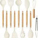 CAROTE Silicone Cooking Utensils Set, Kitchen Utensils Set 10 Pcs for cooking, BPA Free Spatula Set with Heat Resistant Wood Handles for Nonstick Cookware (Cream White)