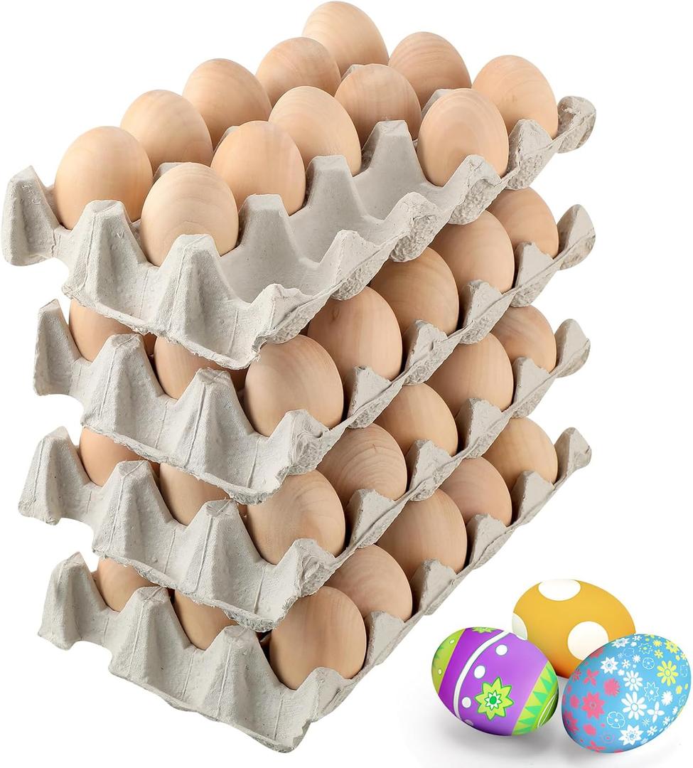 60 Pcs Unpainted Wooden Eggs, Sturdy Easter Eggs with Blank Natural Pulp Egg Cartons, Fake Eggs for Easter Egg Decorating, DIY Game, Kitchen Craft Adornment (Wood Color)