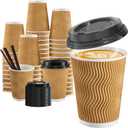 SIUQ 12 oz Coffee Cups-90 Pack Disposable Coffee Cups with Lids and Straws, Insulated Ripple Wall To Go Paper Coffee Cup for Coffee, Hot Chocolate and Hot Tea Drinks - Champagne 