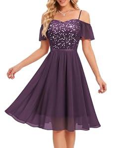 MUADRESS Bridesmaid Wedding Guest Dress Off-The-Shoulder Sparkly Lace Cocktail Prom Party Dresses for Teens Grape, L