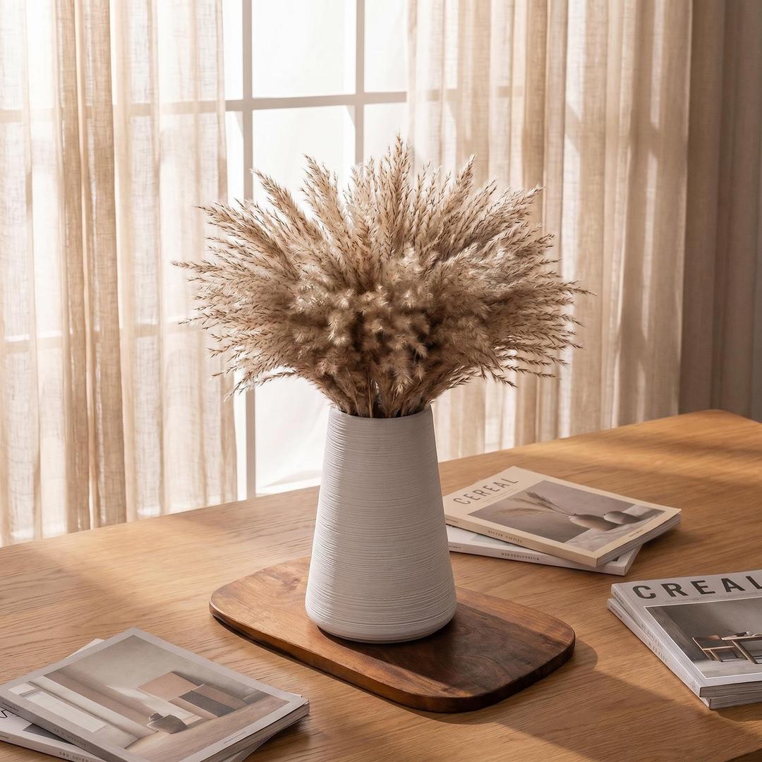 Ceramic Vintage Flower Vase 9.45" Pottery Rustic Farmhouse Boho Terracotta Round Vases for Home Decor, Table, Living Room, Shelf, Enterway, Wedding, Pampas Grass Mantel Decorative (White 9.45")
