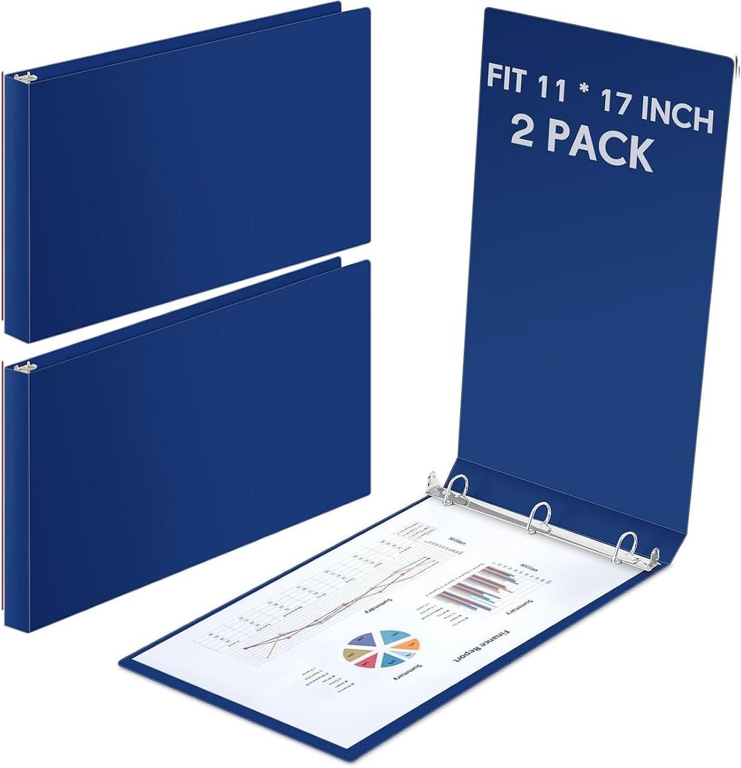 2 Pcs 11 x 17 Inch 3 Ring Binders 1 Inch Rings Heavy Duty View D Ring Binders Economy Holds 11" x 17" Paper for Artwork Blueprints, Office, Home, Work Places (Black)
