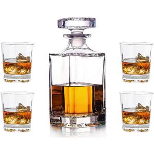 Whiskey Decanter Glasses Set Lead-Free Crystal Glass Scotch Tasting Cups Wine Bottle for Drinking Irish Whisky Bourbon Tequila tumbler (Square, 1 Decanter & 4 Glasses Set)