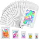 JETMORE Mylar Bags, 100 PCS Holographic Bags, White Smell Proof Bag with Front Window, Small Business Packaging Supplies, Resealable Bag for Food Storage, Bracelets, Jewelry, Sample 4x6in