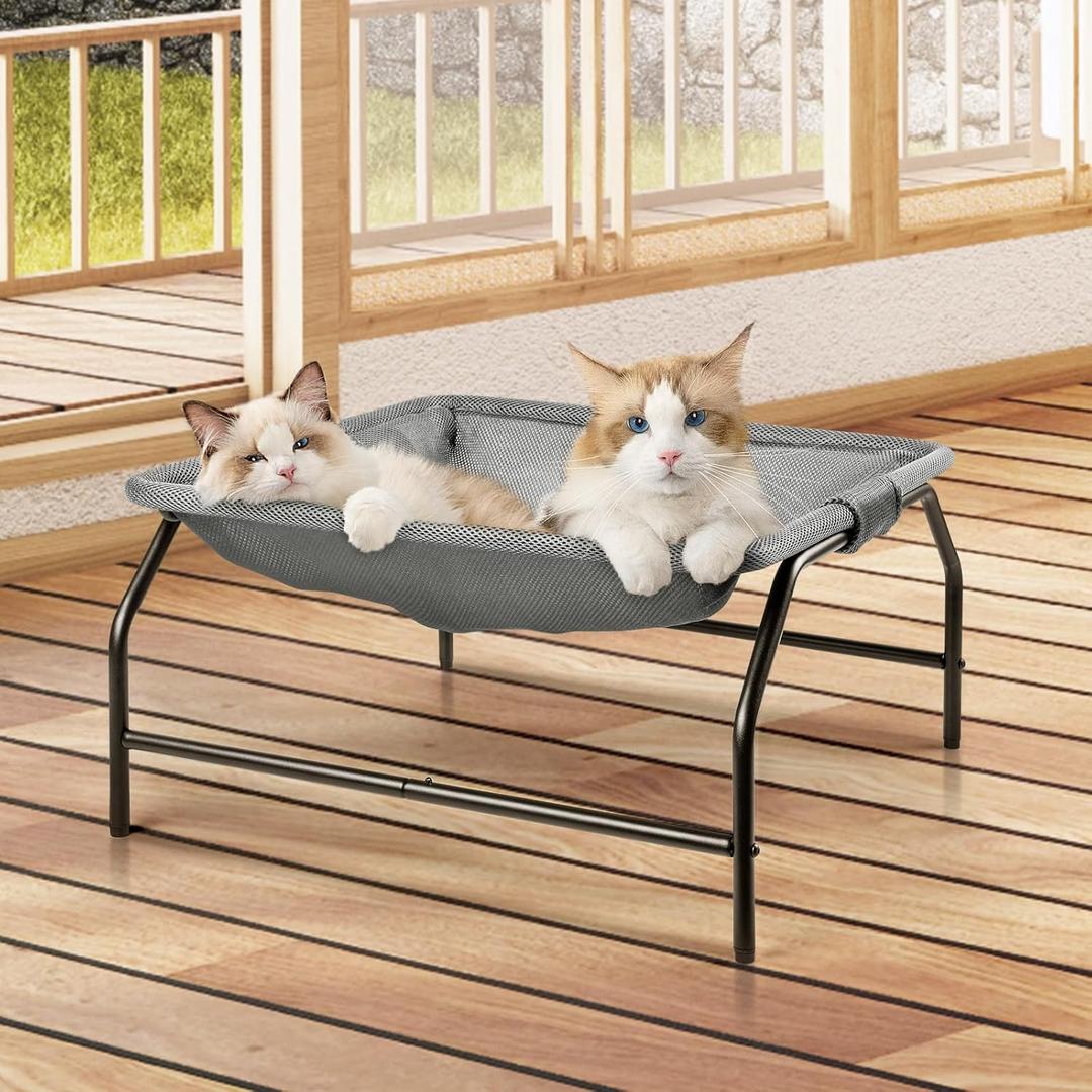 JUNSPOW Large Cat Hammock Bed - Free-Standing Square Pet Sleeping Bed, Detachable, Easy Assembly for Indoor/Outdoor Use (Gray)
