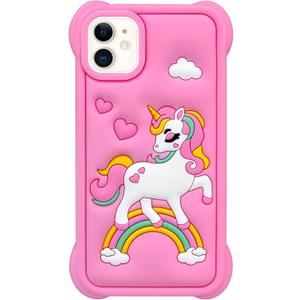 Cute Pink Rainbow Unicorn Case Compatible with iPhone 11 case, Horse Kawaii Animals 3D Cartoon Soft Silicone Heavy Duty Protection Case Cover for Girls Kids Women
