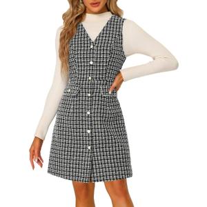 Allegra K Women's Pinafore Dress V Neck Button Down Pockets Vintage Sleeveless Plaid Tweed Dress (Black)