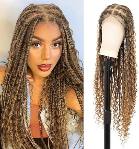 Olymei 360° HD Full Lace Front Knotless Braided Wigs for Black Women Boho Braided Wigs with Baby Hair Box Braid Wig Premium Synthetic Braid Lace Front Wig with Curly End Light Brown 36"