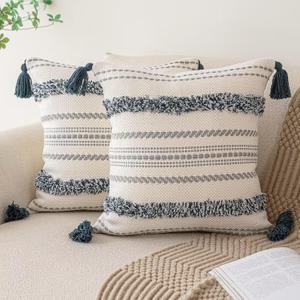 Boho Throw Pillow Covers 18x18 Set of 2 Woven Tufted Farmhouse Pillows Cover with Tassels Textured Striped Cushion Case Neutral Pillow Cases Decorative Pillowcase for Sofa, Bed, Dark Blue