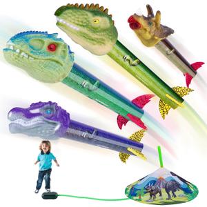 Dinosaur Toy Rocket Launcher for Kids - Launch Up to 100 Ft, 4 Rockets, Outdoor Outside Toys for Kids, Dinosaur Toys, Birthday Gifts for 3 4 5 6 7 8-12 Year Old Boys Girls