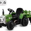 KOTEK Kids Ride on Tractor, 12V Battery Powered Ride on Car with Trailer, Remote Control, 35W Dual Motors, 3-Gear-Shift, 7 LED Headlights, Electric Tractor Outdoor Gift for Boys Girls, Dark Green