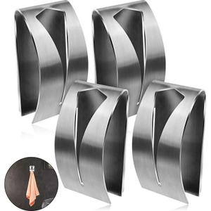 Boao 4 Pcs Self Adhesive Towel Hook Holder Grabber Stainless Steel Kitchen Dish Towel Hook Wall Mount Non Drilling Hangers Rack Hand Tea Holders for Bathroom Accesories Kitchen Gadgets (Silver)