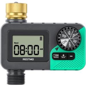 RESTMO Sprinkler Timer with Brass Inlet, Water Timer for Garden Hose, Rain Delay/Manual/Automatic for Outdoor Faucet, Drip Irrigation and Lawn Watering System (1 Zone)