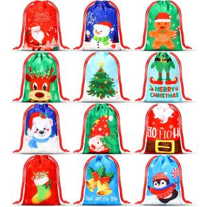 Xuniea 24 Pcs Small Christmas Drawstring Gift Bags Christmas Goodie Treat Bags Xmas Santa Claus Tree Winter Snowflakes Snowman Wrapping Gift Pouches for Xmas Holiday Birthday Party (5.1 x 7.1 Inch)