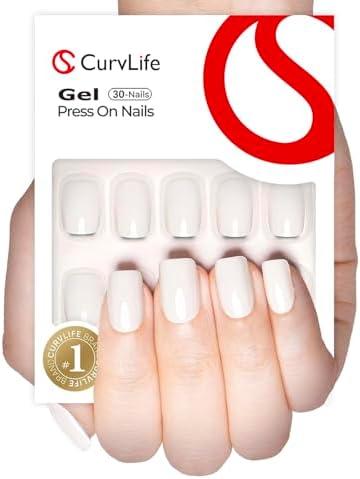 Curvlife Soft Gel Press on Nails with Fake Nail Tips and Ceramic Style Glossy Design Full Cover 15 Sizes Gel Nails, Women Reusable Nail Kit with Nail Glue Adhesive Tabs Nail File