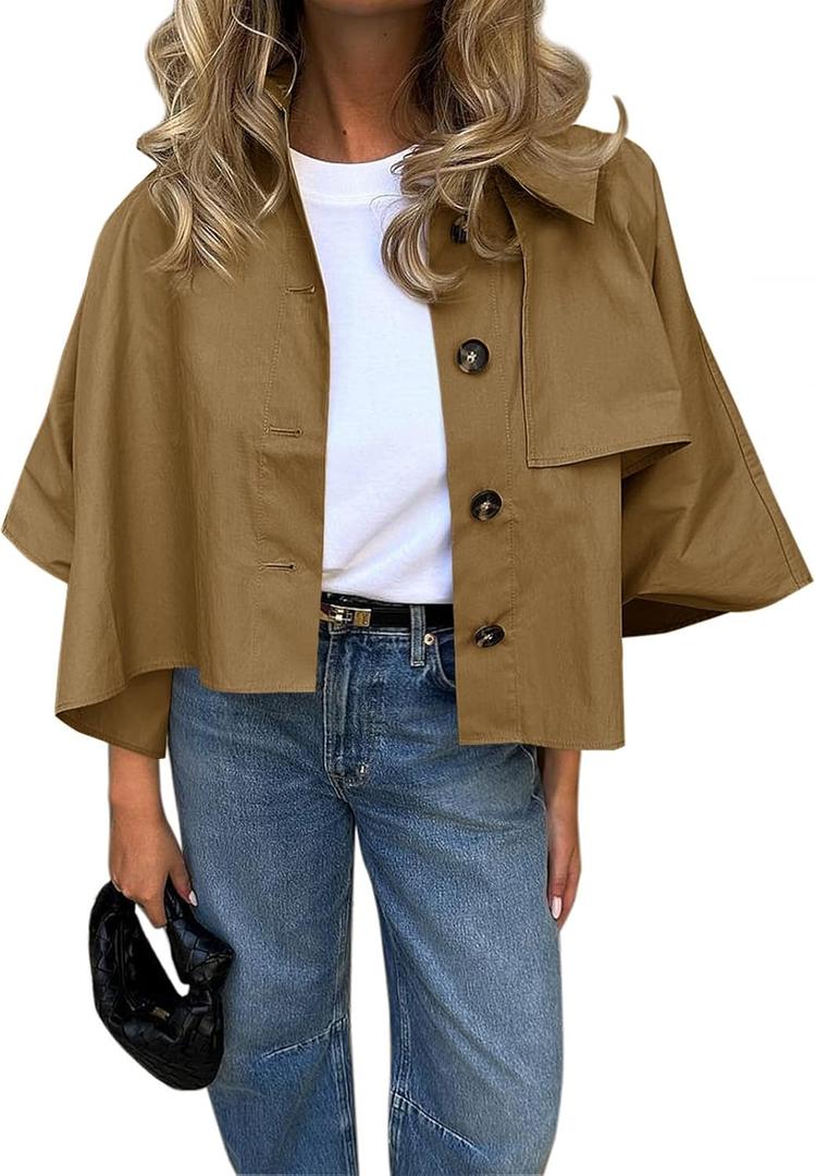 Cicy Bell Womens Oversized Cropped Trench Coats Single Breasted 3/4 Cape Sleeve Trendy Casual Jackets Button up Outerwear (Medium, Camel)