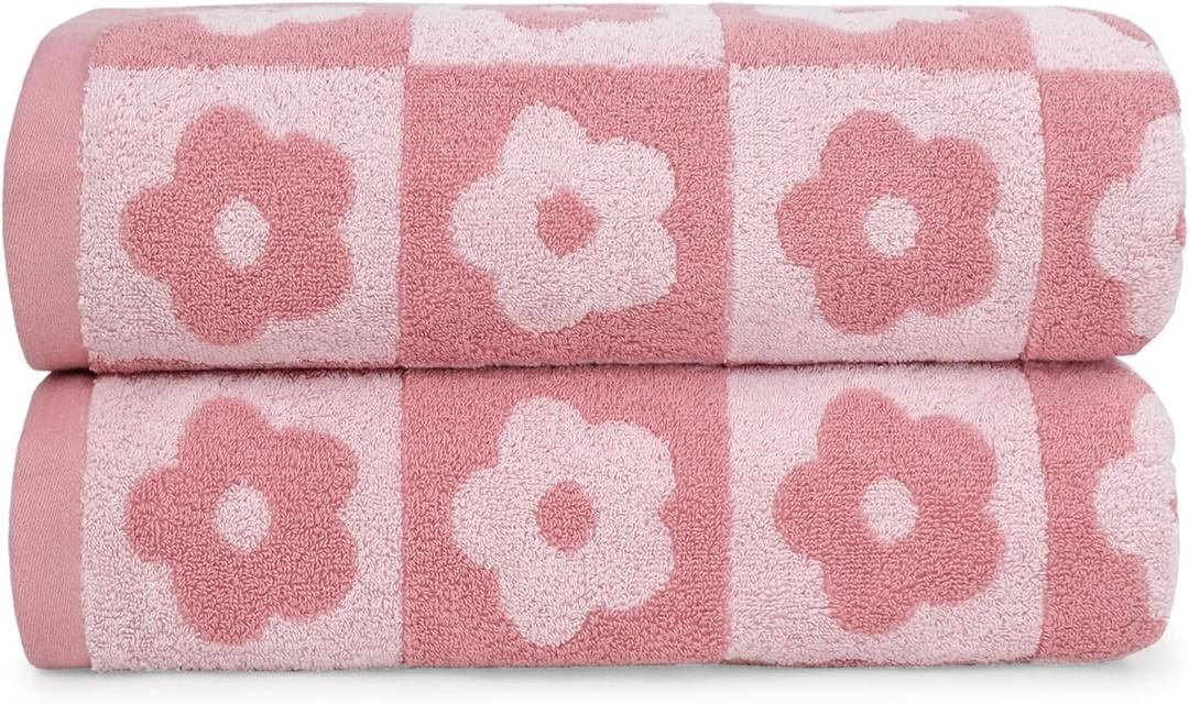2-Pieces Luxury Bath Towels Checkered Floral, Pink Towels for Women Girls Shower Body 27.5x55 Inches, Cute Decor for Bathroom & Pool Days, Cotton