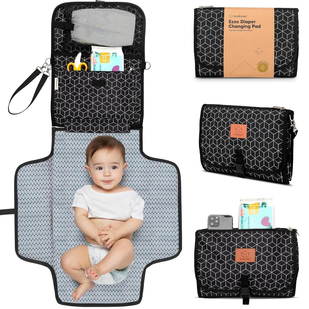 KeaBabies Portable Diaper Changing Pad, Travel, Car - Large Waterproof Baby Changing Mat, Wipeable, Padded, On The Go Travel Diaper Clutch Bag, Easy to Use Pockets for Newborn Essentials (Black Geo)
