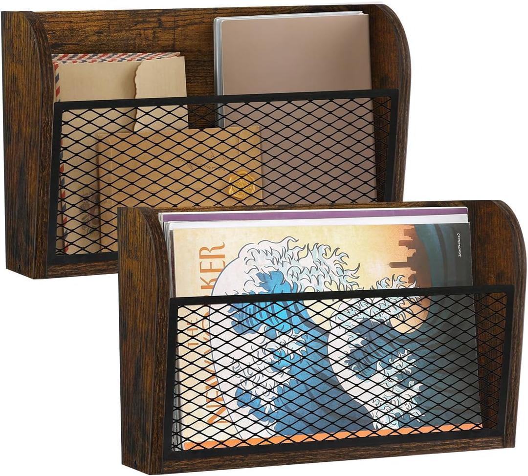 YINMIT 2 Packs Wall File Organizer-Holder, Hanging File Organizer, Wall Mounted File Holder, Wall Mount Paper Folder Rack for Office and Home (Rustic Brown)