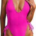 ZAFUL Women Plunging One Piece Swimsuit Backless Cross Tie High Cut Thong One-Piece Bathing Suit (Small, 0-hot Pink)