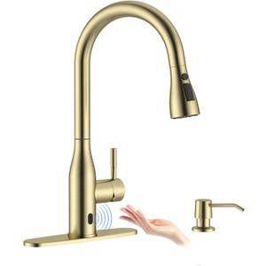APPASO Touchless Kitchen Faucet Gold, Touchless Kitchen Faucet with Soap Dispenser, Pull-Down Sprayer, Single Handle Stainless Steel, Hands Free for 1-4 Hole Sink, Brushed Gold, Easy Installation