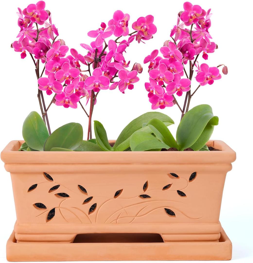 12 Inch Terra Clay Orchid Pots with Drainage Holes Saucers Large Clay Planters for Repotting Plant Pots for Terra Cotta Pot for Plants Indoor and Outdoor Promotes Air Circulation