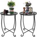 Outdoor Side Tables 2 Pack, 15" Height Tool-Free Metal Patio End Table with Monstera Pattern, Compact Space Saving Plant Stand for Balcony Porch Deck, Weather Resistant, Black