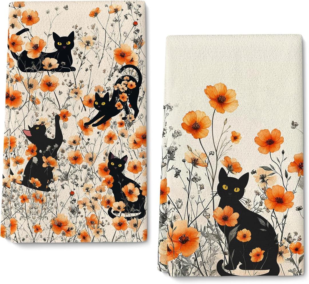 Black Cat Dish Towels,Orange Floral Kitchen Towels Decorative Set of 2,Cute Soft Absorbent Reusable Tea Towel & Hand Towel,Black Cats Kitchen Deccor,Cat Lover Gifts for Woemen