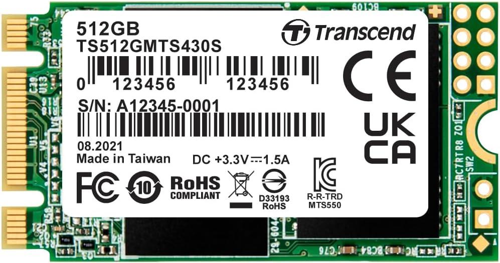 Transcend MTS430 512GB M.2 2242 SATAIII SSD with Dram Cache, Up to 560MB/s, Compatible with Ultrabook/Laptop/PC/Desktop, 3D TLC NAND Flash Internal SSD, LDPC Error Correction, SLC Cache, B+M Key
