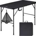 VECELO Folding Table 4 Foot with Mesh Bag, Indoor Outdoor Heavy-Duty Portable w/Handle, Fold-in-Half for Picnic, Party, Camping, Matte Black, 47.2 in Rectangular Folding Table