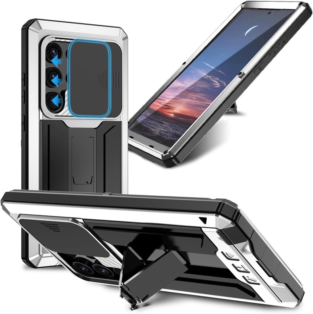 Compatible For Samsung Galaxy S24 Ultra Metal Case,Heavy Duty Dust Proof Military Grade Rugged Case with Sliding Camera Cover and Built-in Foldable Kickstand with Full-Body Bumper Cover (Silver)