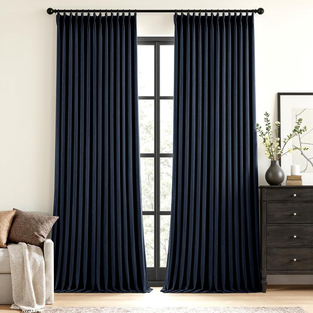 MIULEE Navy Blue Pinch Pleated 100% Blackout Linen Curtains for Bedroom, Room Darkening Memory Trained Light Blocking Window Curtains 96 inches Long for Living Room, Black Out Pleat Drapes, 2 Panels