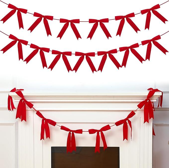 VitalCozy 10 ft Christmas Velvet Bow Garland PreStrung Bow Garland Banner with 13 Pcs 7 x 7 Inches Bows Reusable Vintage Velvet Bow Decoration for Xmas Tree Fireplace Staircase(Red)
