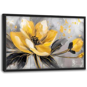 Framed Large Wall Art for Living Room, Yellow Floral Canvas Wall Decor, Gold Flower Pictures Painting, Natural Landscape Artwork for Living Room Bedroom Office 36L''  24W''