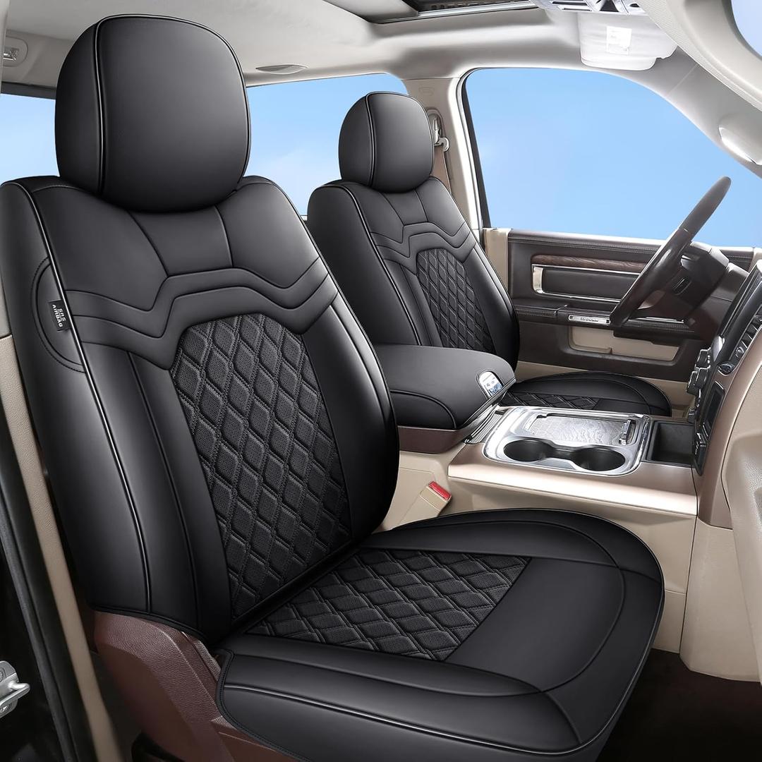 Huidasource Ram Seat Covers Full Set, Ram 1500 Truck Seat Cover for 2009-2018 RAM 15002011-2025 RAM 25002019-2025 RAM 3500 Quad Crew Mega Cab with Curved Split Bench (Full Set/Black) (A: Concave Front+Short Middle Rear)