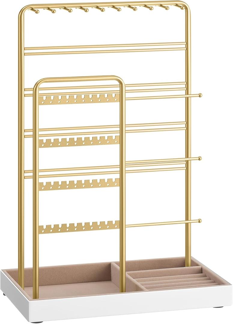 SONGMICS Jewelry Holder, Jewelry Organizer, Jewelry Display Stand with Metal Frame, Velvet Tray, Necklace Earring Bracelet Holder, for Studs, Rings, Gift Idea, Pale Gold UJJS028A01 (5.5"D x 9.4"W x 14.1"H)