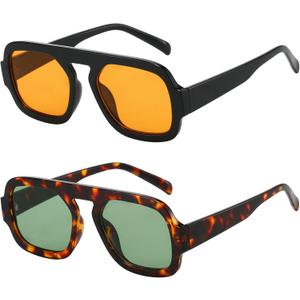 Trendy Square Aviator Sunglasses for Women Flat Top Designer Stylish Frame Sun Glasses Vintage Shades ((2 Pack) Black/Orange+tortoise/Green)