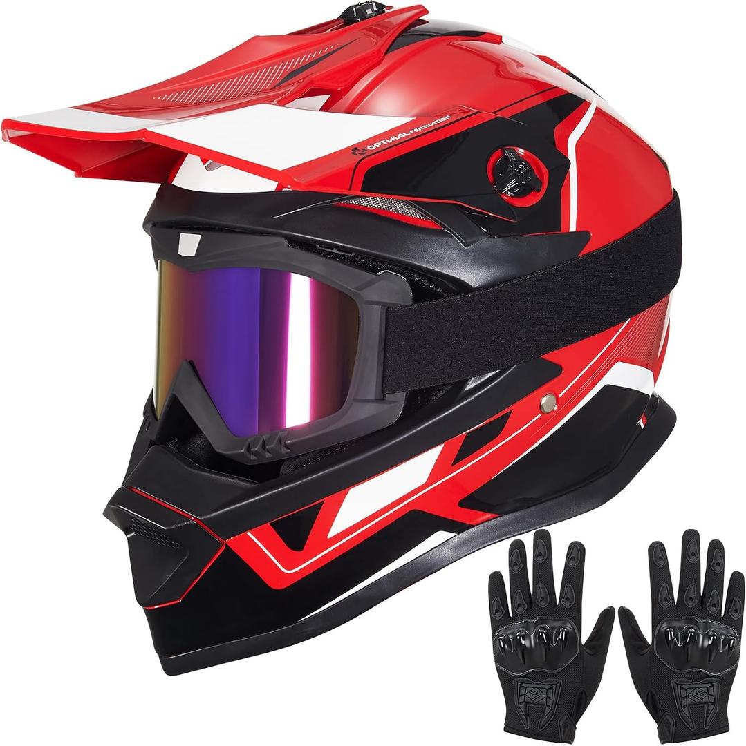 Youth Dirt Bike Helmets,MM605 Kids Full Face Motocross Helmets Set | DOT Approved Kids Motorcycle Helmet with Goggles & Gloves,Ultra-Lightweight,Adjustable Visor & Washable Liner for ATV UTV, Gloss Red, Medium