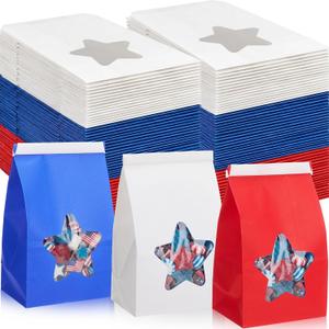Fullhawl 36 Pcs 4th of July Cookie Treat Bags with Star Window 4 x 2.36 x 6.7 Inch Red White Blue Patriotic Bakery Bags Kraft Paper Iron Wire Tie for Food Independence Day Party Favors
