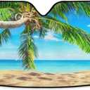 Beach Palm Tree Windshield Sun Shade - Tropical Hawaii Blue Sea Shield Protector - Foldable Reflective UV Rays - Keep Your Vehicle Cool - Fits Car, Truck, SUV (55*27.6inch)