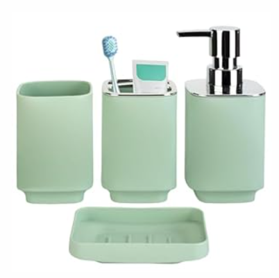 4 Piece Bathroom Accessories Set, Green Boho Bathroom Decor, Bathroom Sets Complete, Soap Dispenser, Toothbrush Holder, Mousewash Cup and Soap Dish, Bathroom Sink Set for Modern Home Decor, Green