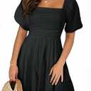 AlvaQ Womens Summer Cute Puff Sleeve Elastic Square Neck Mini Short Romper with Pockets (Small)