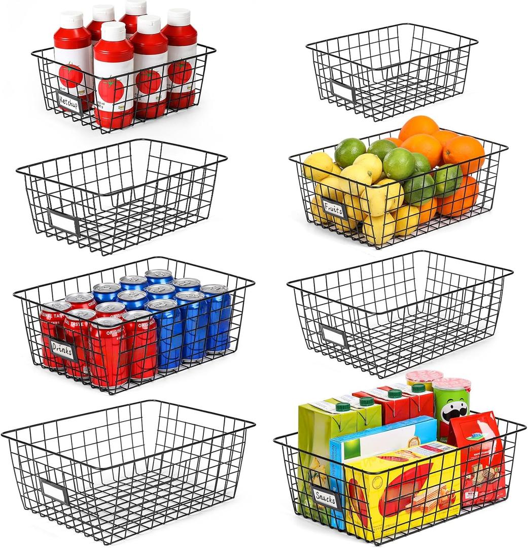 8 Set, Extra Large Wire Baskets for Organizing with Lables, Cabinet Pantry Organization and Storage Bins - Metal Basket for Kitchen, Laundry, Garage, Fridge, Bathroom Countertop Organizer, Black