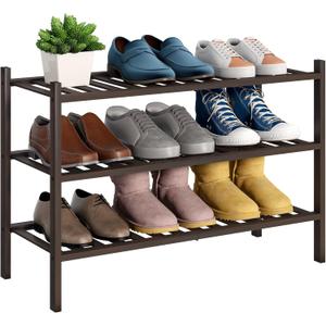 BMOSU 3-Tier Bamboo Shoe Rack Premium Stackable Shoe Shelf Storage Organizer for Hallway Closet Living Room Entryway Organizer (Brown Bamboo)